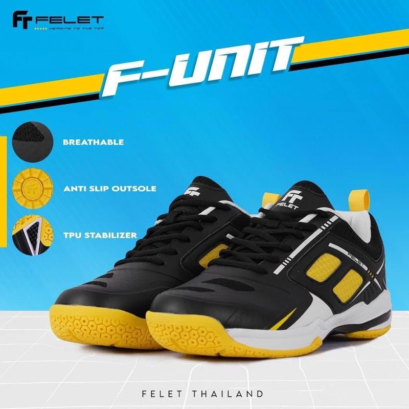 รองเท้าแบดมินตัน FELET F-UNIT น้ำหนักเบา สีดำ/เหลื