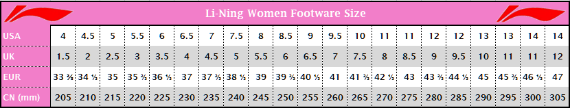 Li Ning Shoes Size Chart