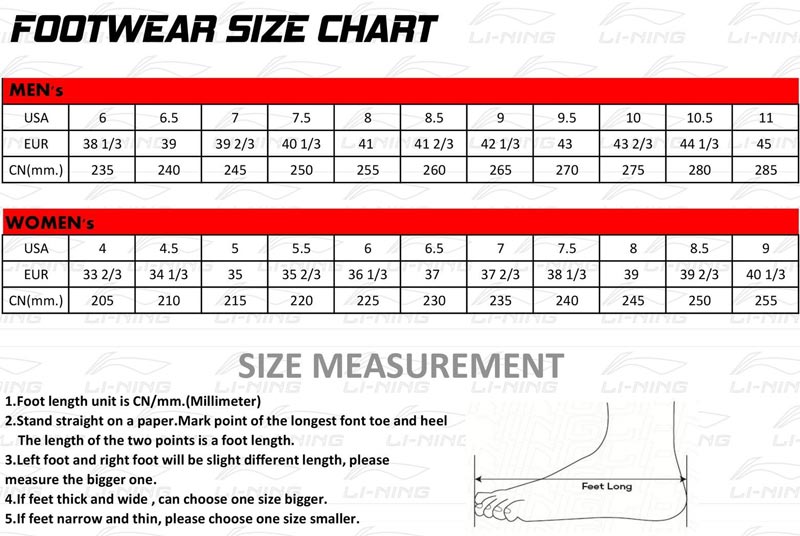 Li-Ning Insole Size Chart