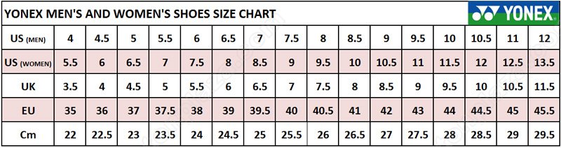 Yonex Badminton Shoes Size Chart