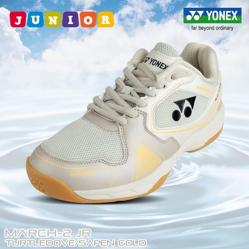 YONEX Junior Badminton Shoes MACH-2 Turtledove/Aspen Gold (BSHMACH2JRZZ-TDAG)