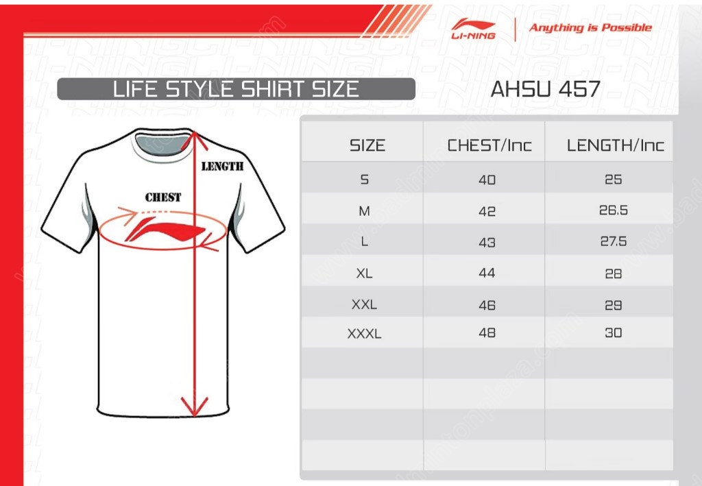Li-Ning T-Shirt Size Chart