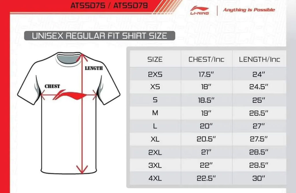 Li-Ning T-Shirt Size Chart