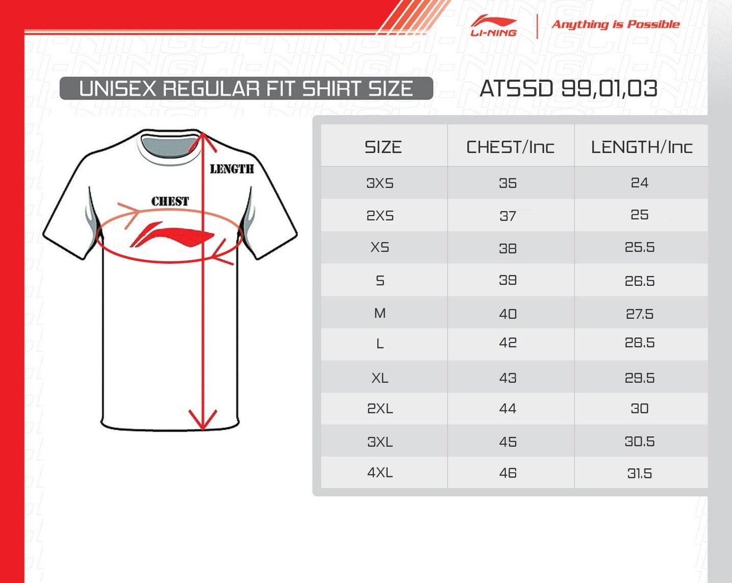 Li-Ning T-Shirt Size Chart