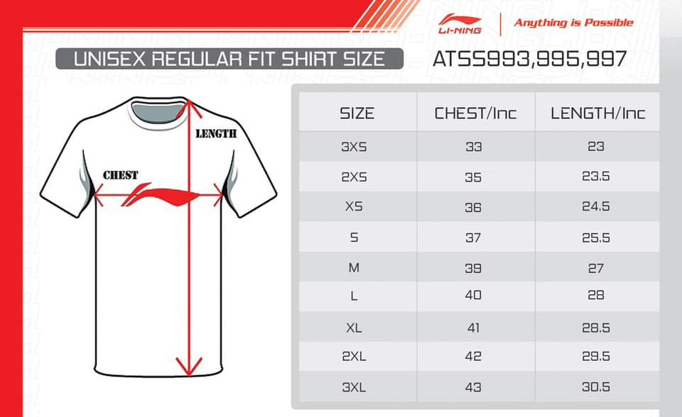 Li-Ning T-Shirt Size Chart