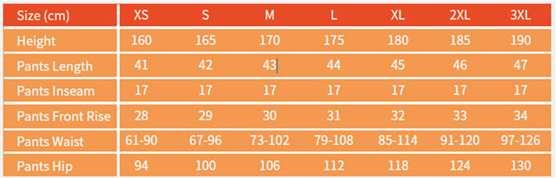 Victor Apparel Size Chart