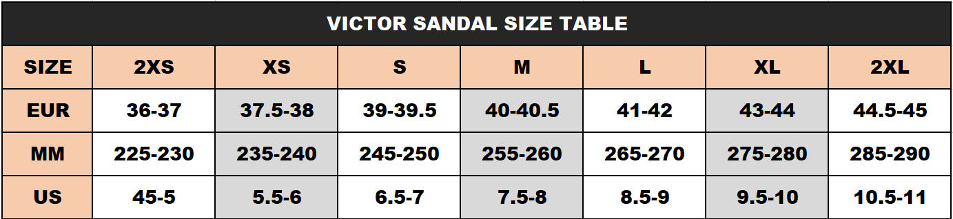 VICTOR sandal-size-table